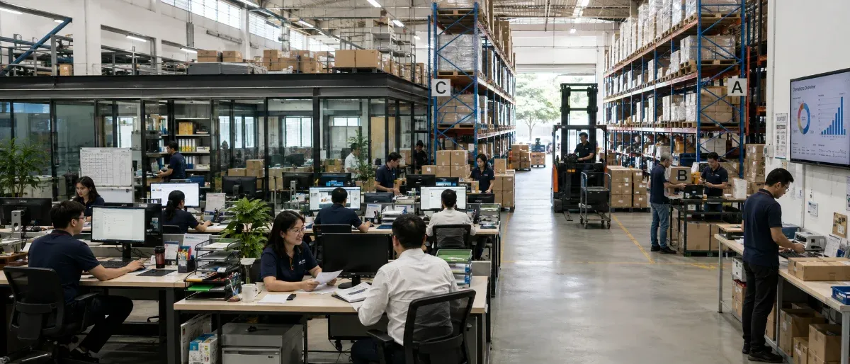 A distributor's floor with no wall down the middle: desks and monitors in the foreground, warehouse racking and a forklift down the aisle behind, an operations dashboard on the far wall.