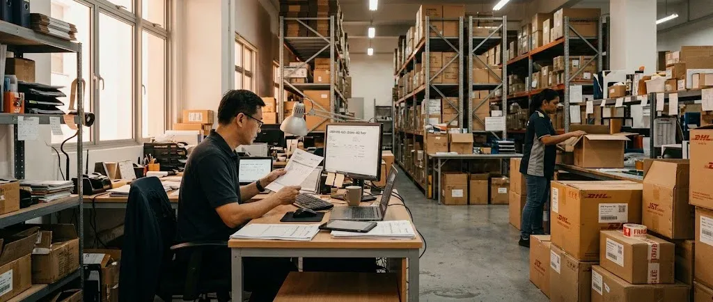A small distribution team's back office: one person at a desk reviewing orders, racking and cartons behind them in morning light.