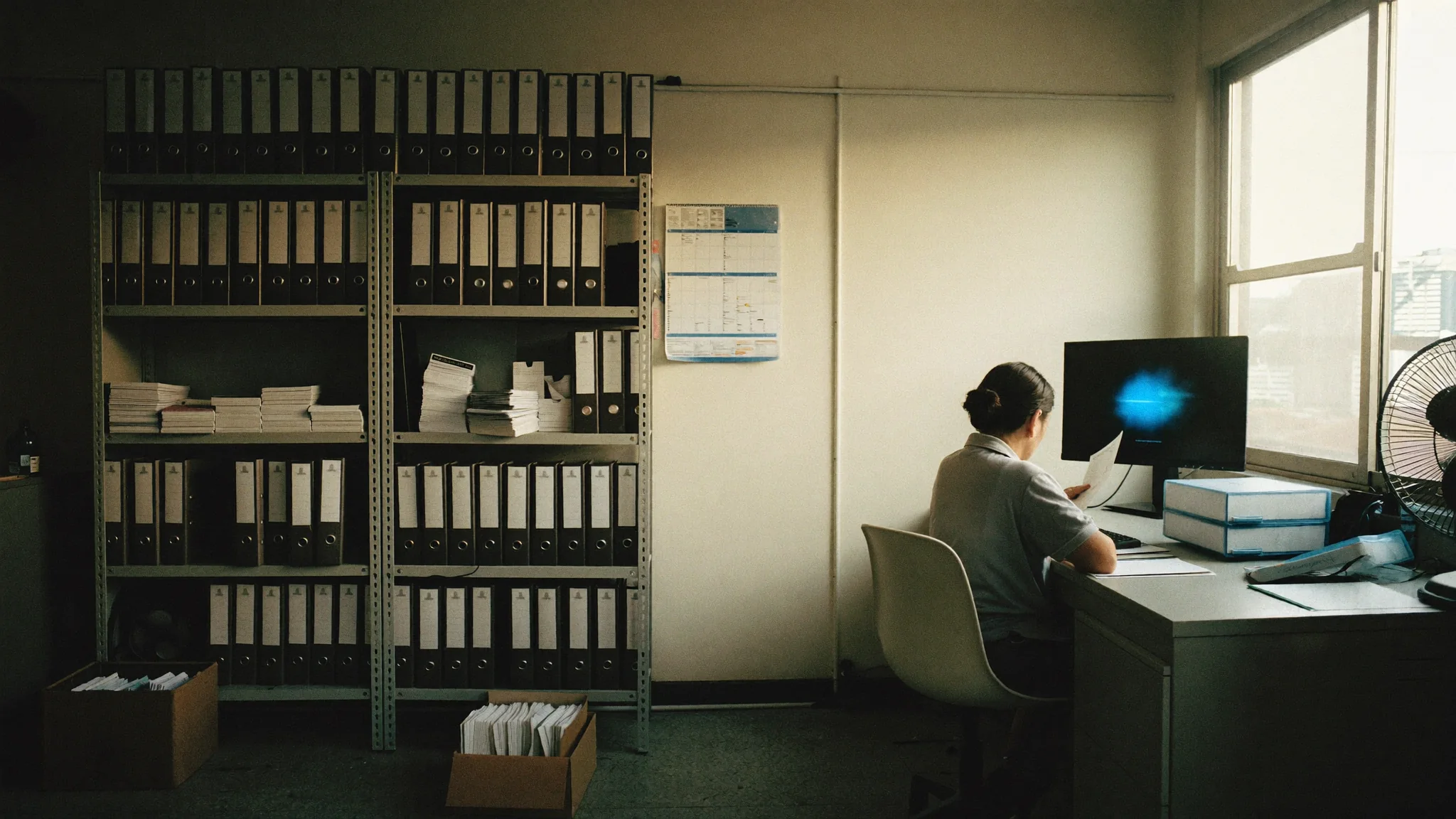A small business back office late in the afternoon. Shelves of lever-arch ring binders and stacked order books fill the left of the room; on the right a woman sits at a desk holding a printed invoice, a monitor beside her.