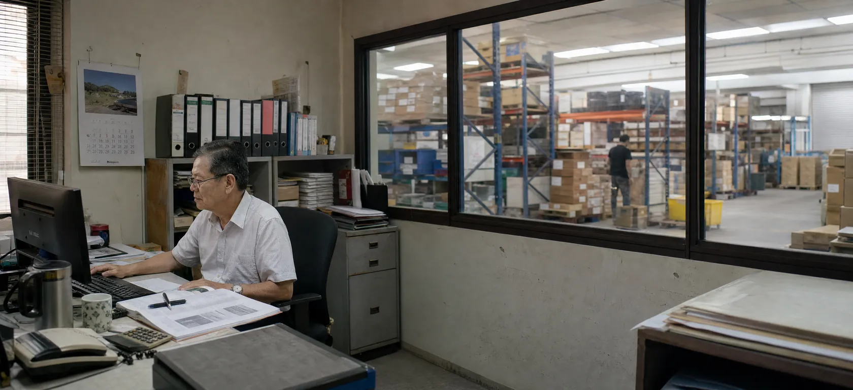 A shop-floor office in the late afternoon. An owner-manager sits at a cluttered desk reading something on his monitor, a printed report open on the desk beside the keyboard. Through the internal window behind him the working floor runs back into racking and stacked cartons, one worker moving between the racks.