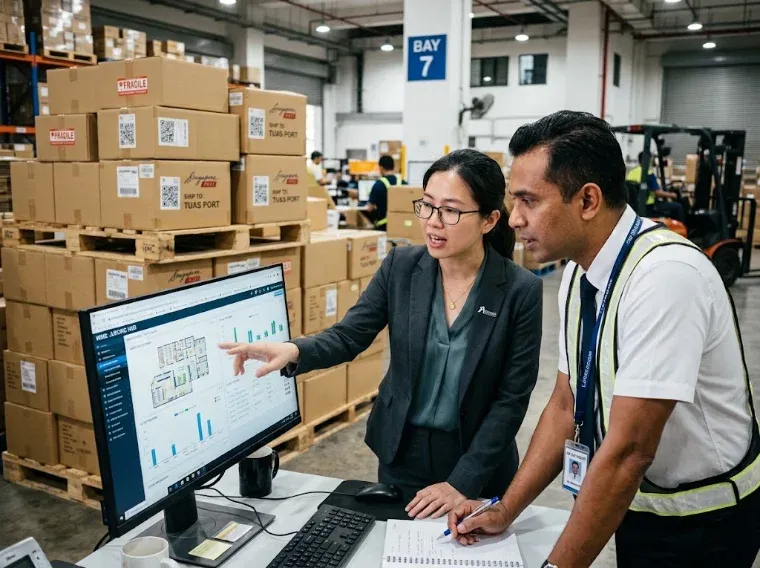 An engineer and an operations manager side by side at one monitor, mid-conversation, cartons on a pallet behind them.