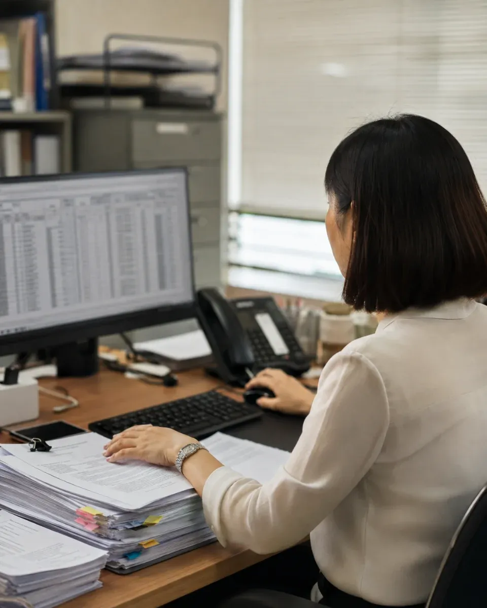 A procurement officer at a desk, monitor showing a dense records register, printed contracts with sticky tabs and a desk phone beside it.