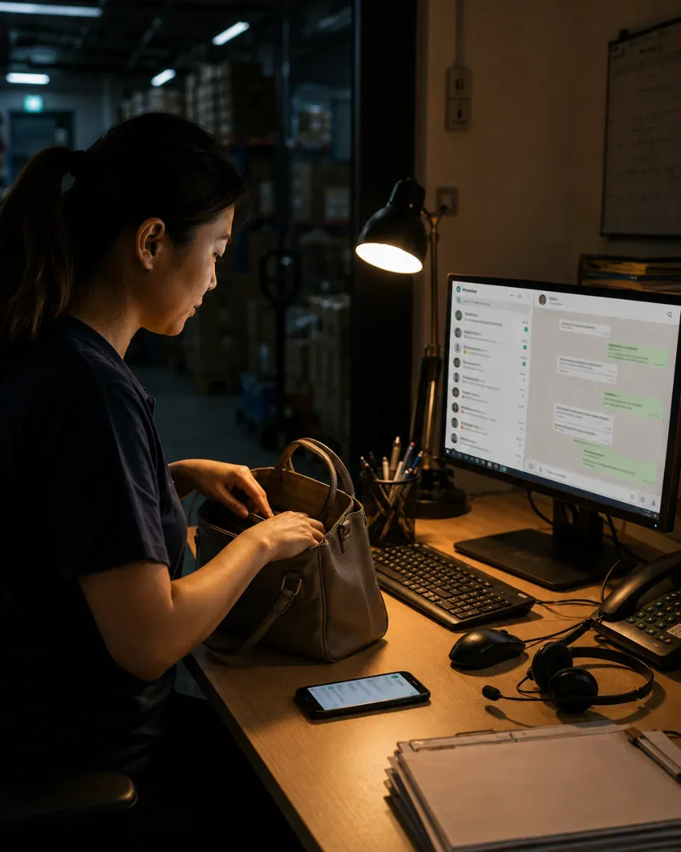 A customer-service desk after closing time: a woman at the desk handling a headset, the monitor beside her showing a messaging queue, the shop floor dark behind.