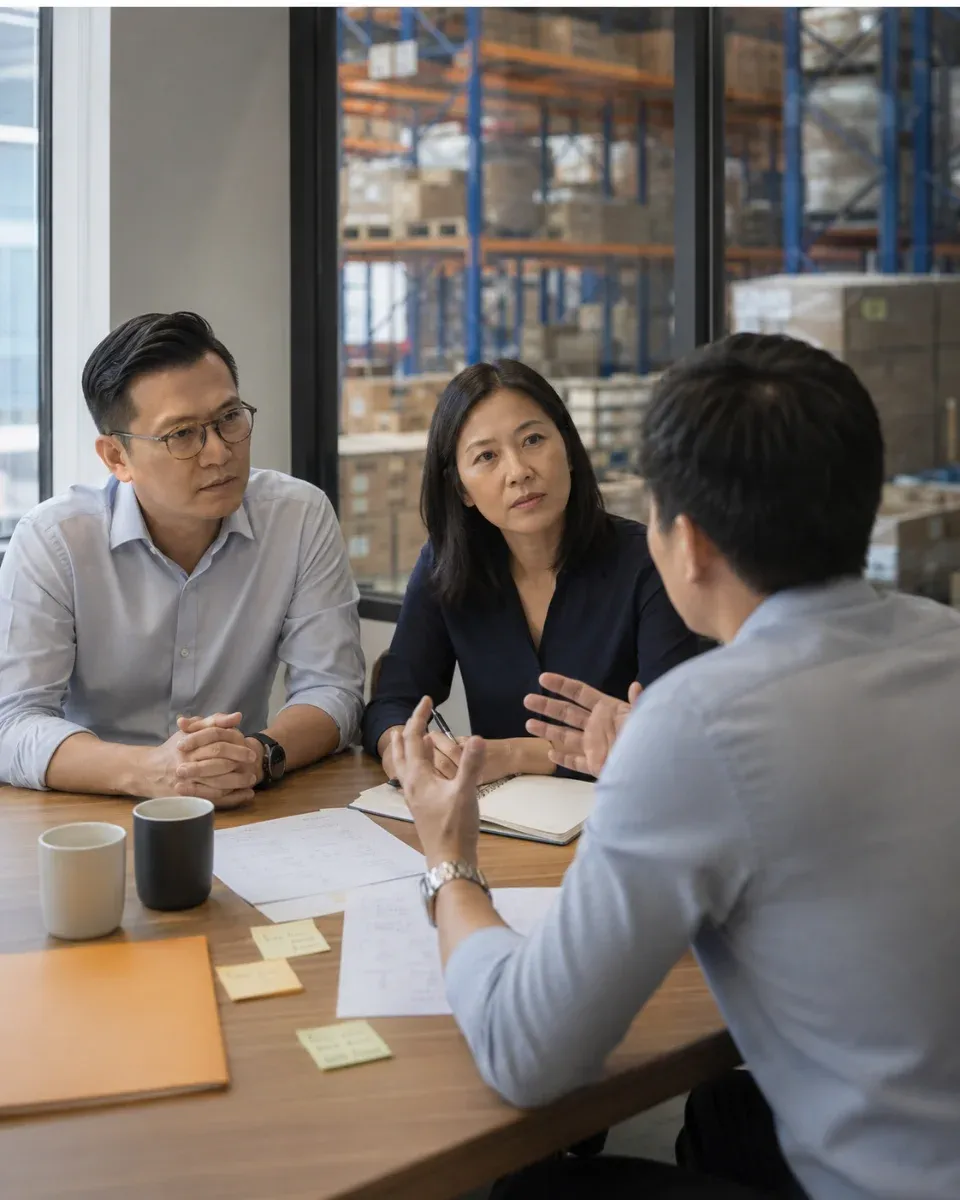 A business owner and operations manager across a meeting-room table from a consultant, printed process notes and sticky notes between them, warehouse racking beyond the glass.