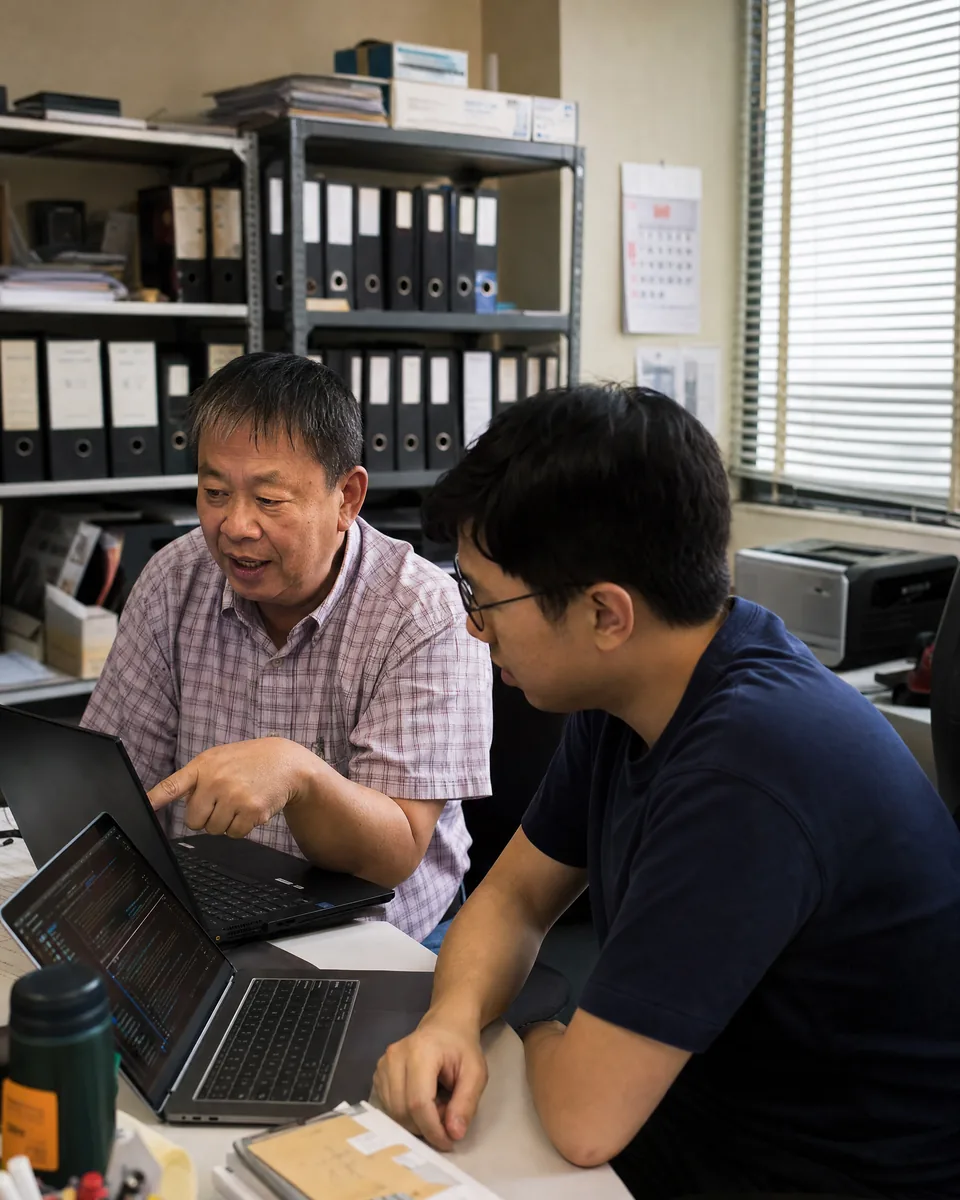 An owner-manager mid-sentence, pointing at a rough app open on his own laptop, while a younger engineer beside him reads the same thing as code on a second laptop. Behind them a working back office of box files on steel shelving, a wall calendar and a printer.