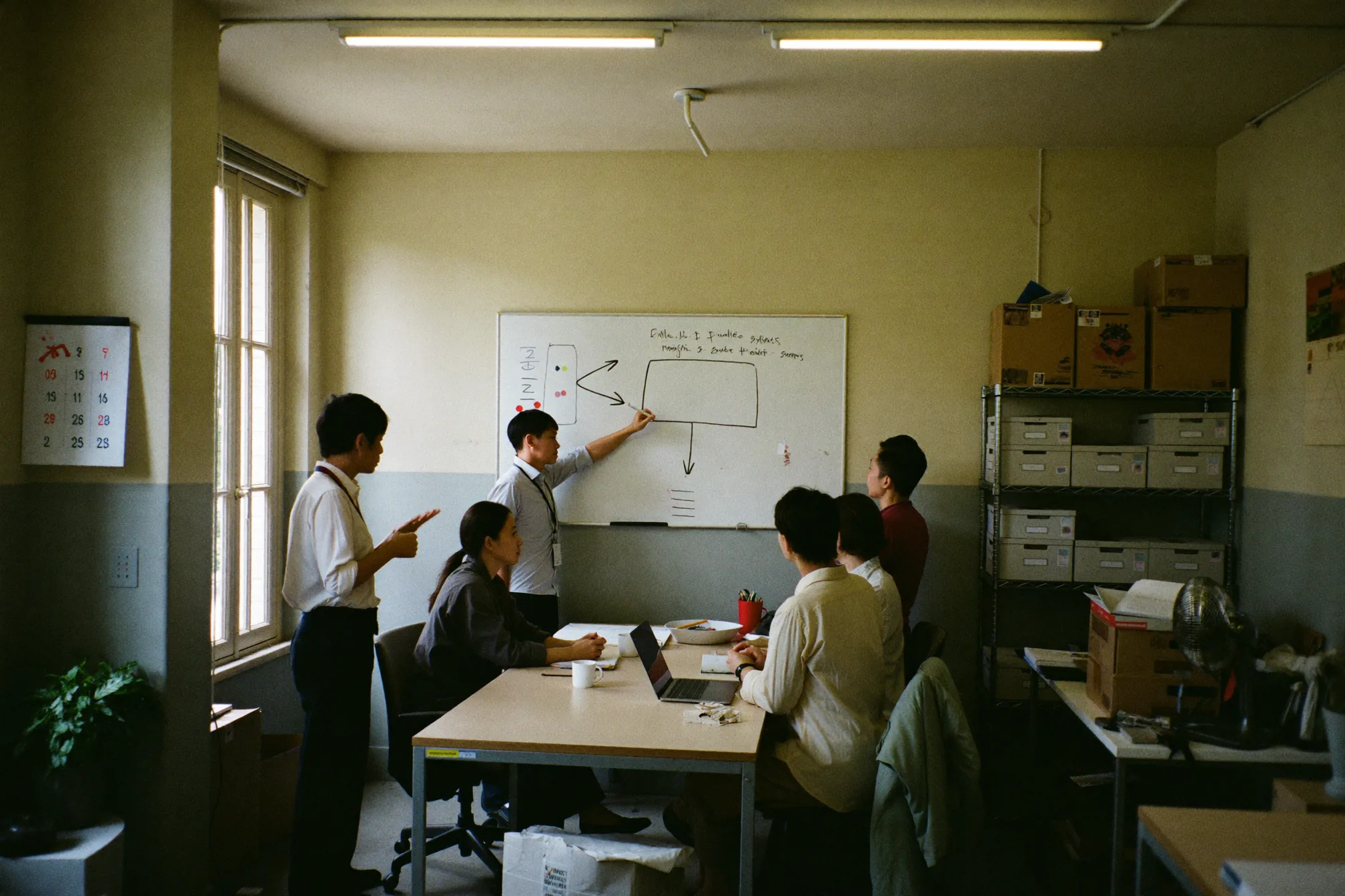 Five people in a plain office room around a table, one standing at a whiteboard where a process has been drawn as boxes and arrows. Daylight from a side window, archive cartons stacked on racking behind.