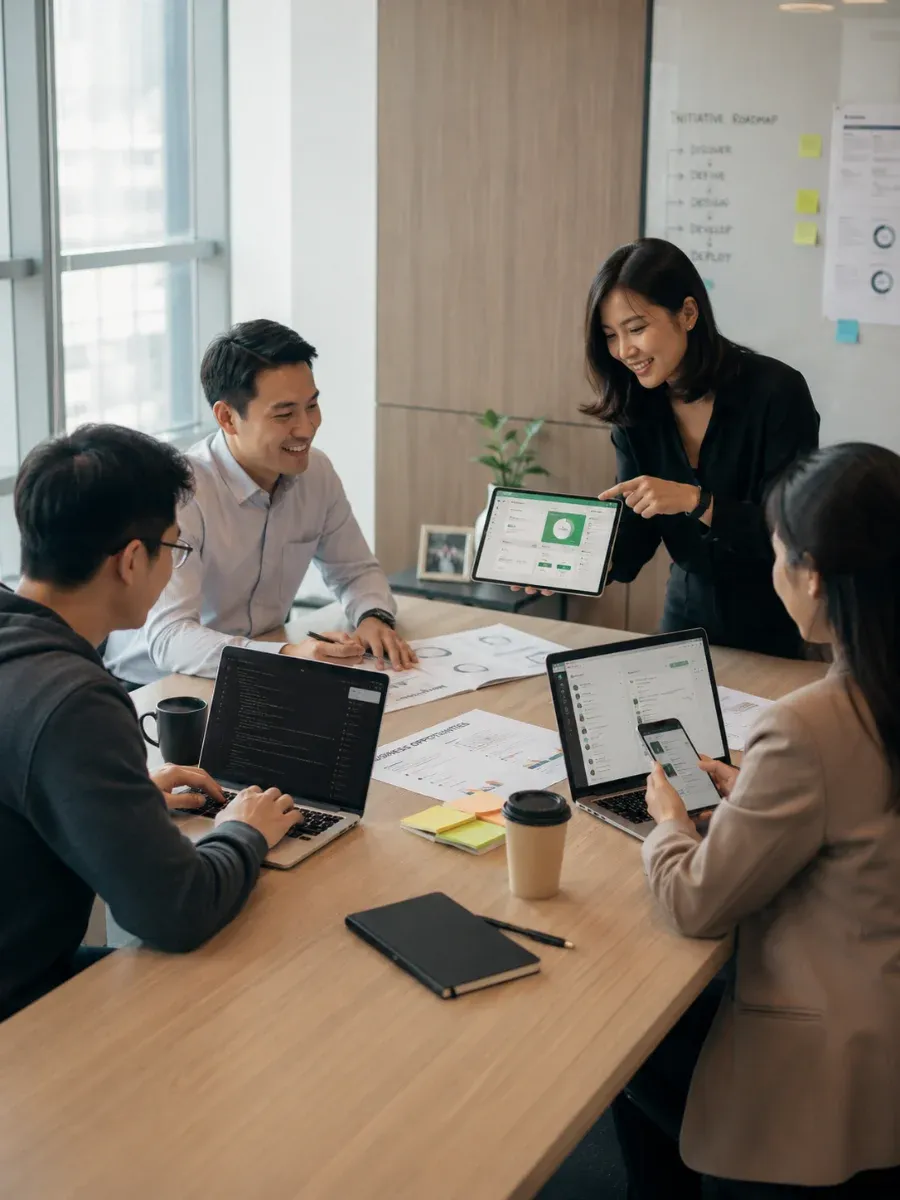 Five colleagues around a meeting-room table, one standing beside a whiteboard, laptops open showing a dashboard and a draft screen.