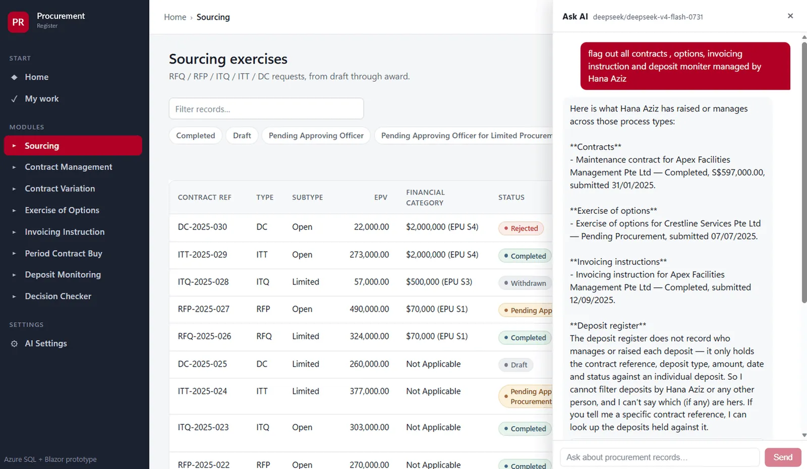 An Ask AI panel inside a procurement system, answering one question across contracts, options and invoicing in a single reply.