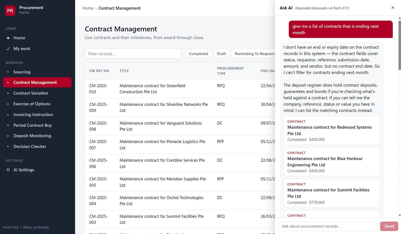 The assistant declining a question about contract end dates and offering an alternative.