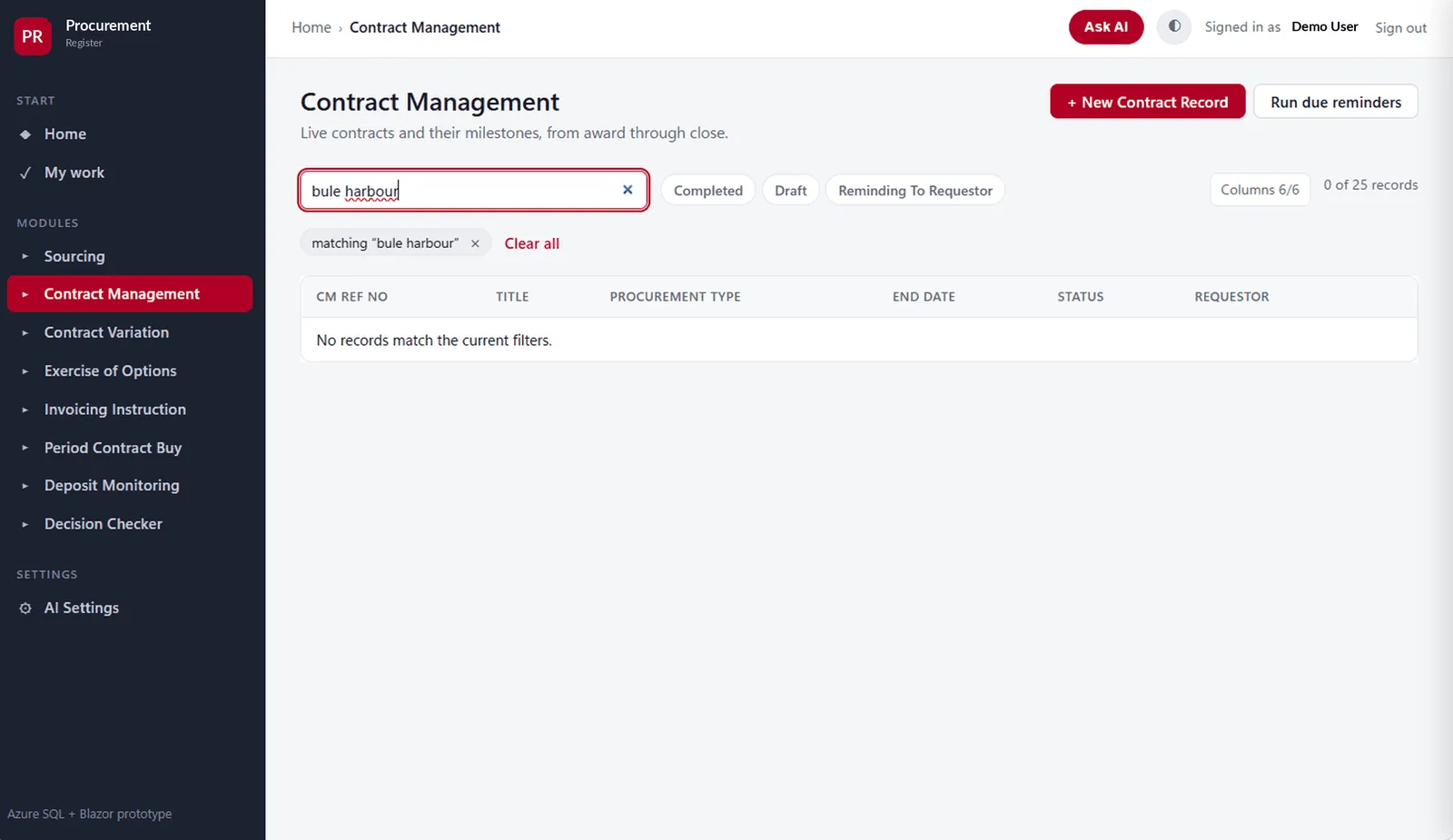 A procurement register showing 0 of 25 records after a vendor name is mistyped.