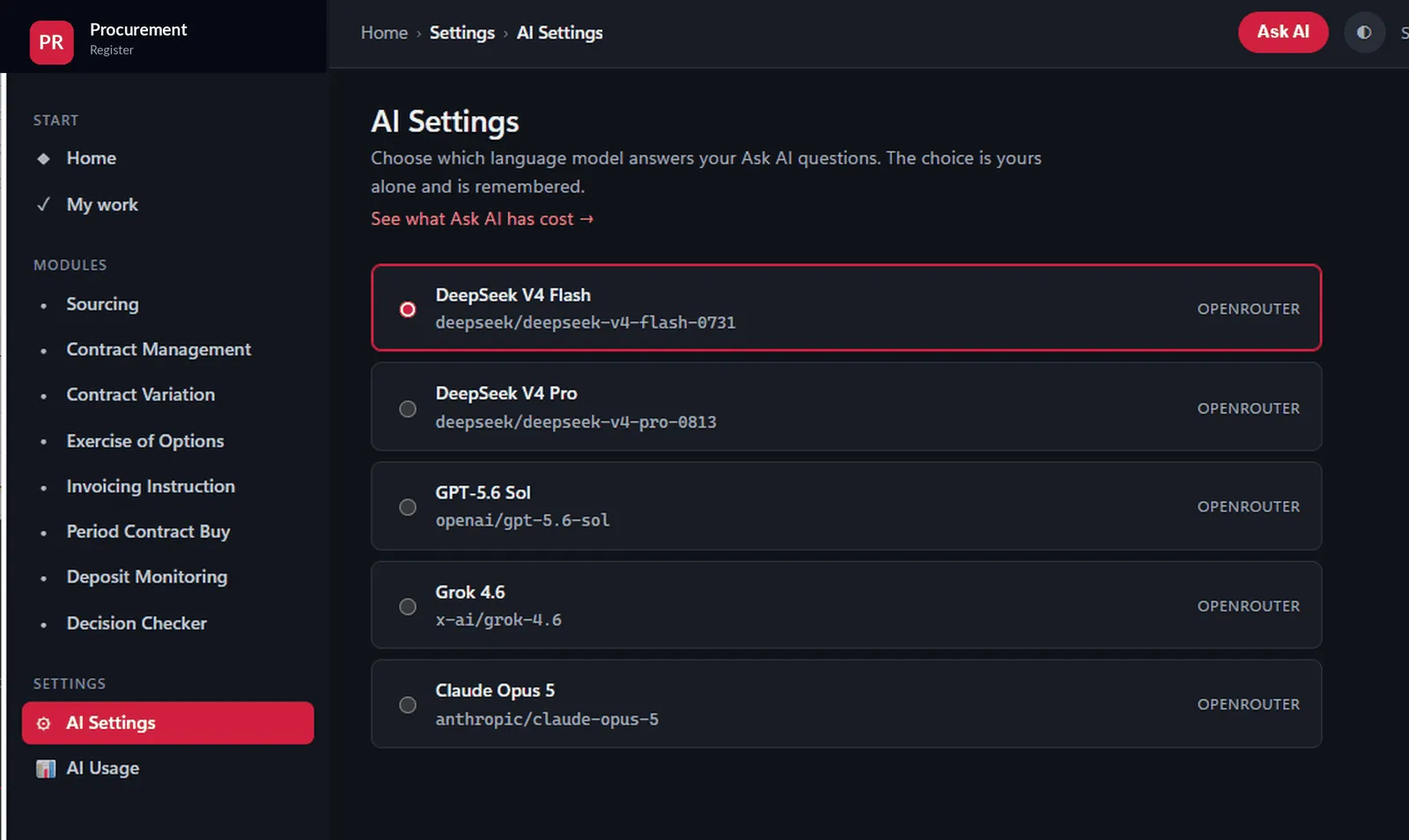 An administrator settings page listing selectable language models.