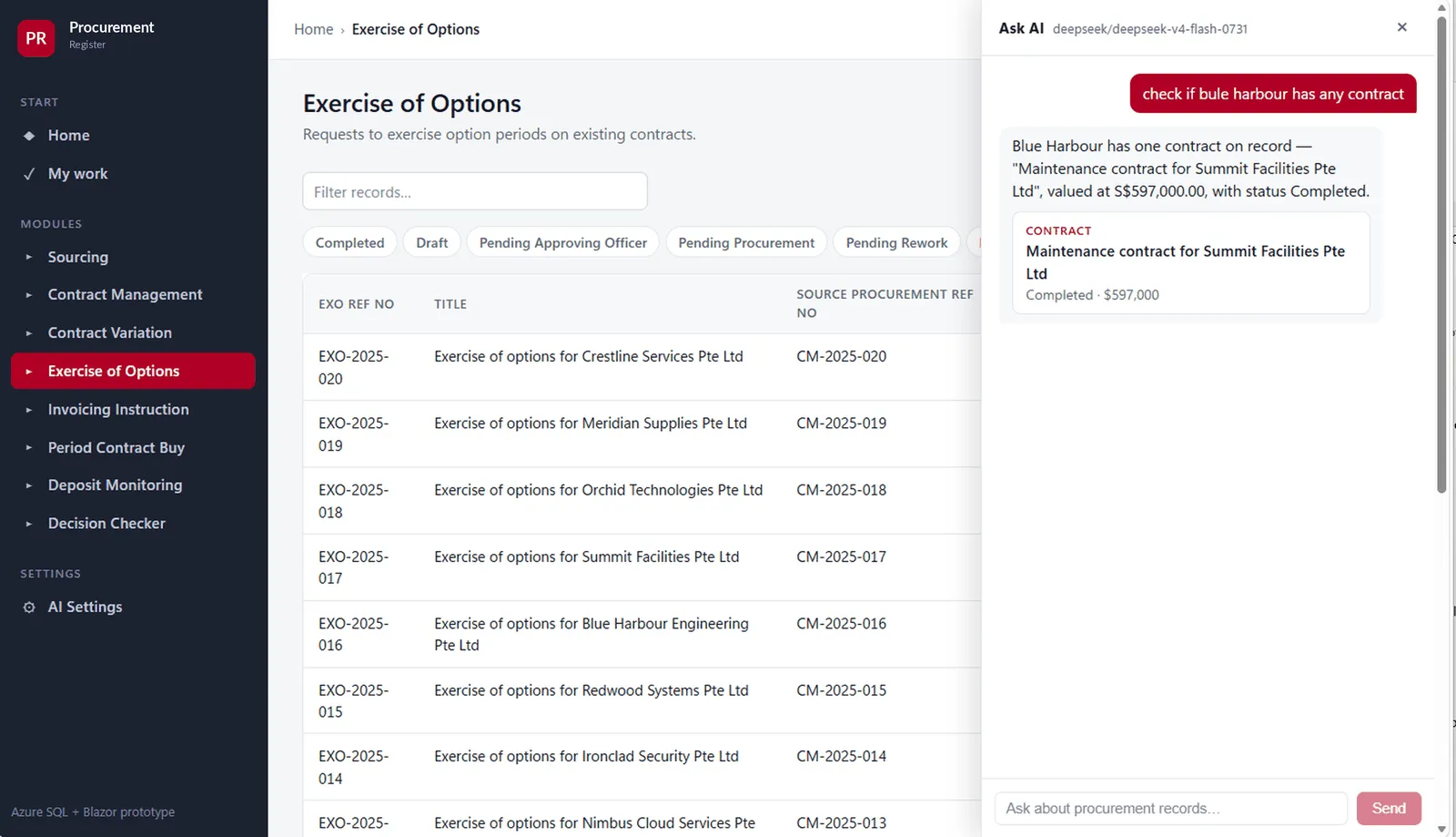 The assistant resolving a mistyped vendor name and returning the matching contract.
