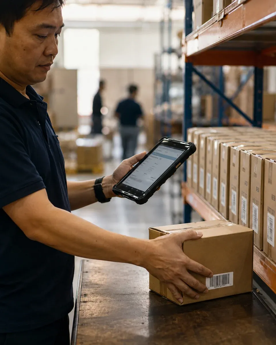 A warehouse supervisor holding a rugged handheld scanner in one hand while setting a barcoded carton onto shelving, racking of identical cartons alongside him.