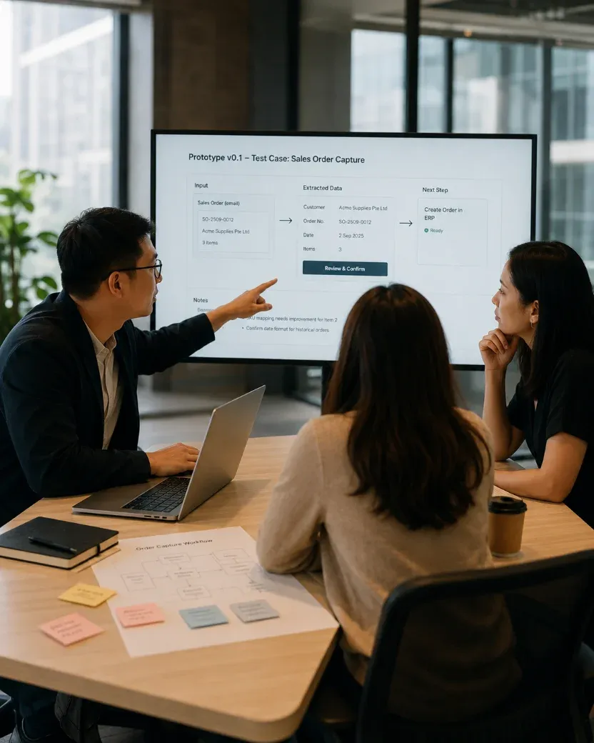 A scoping workshop: one person standing at a wall screen showing a draft order-capture form, two colleagues at the table watching, sticky notes and a laptop in front of them.