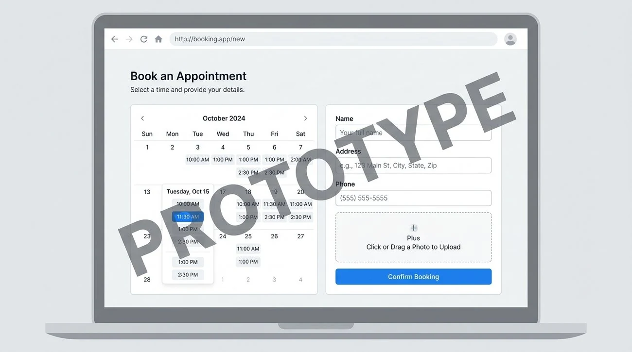 A booking application on a laptop screen - calendar slot picker, name, address and phone fields, and a photo upload area - with the word PROTOTYPE across it.