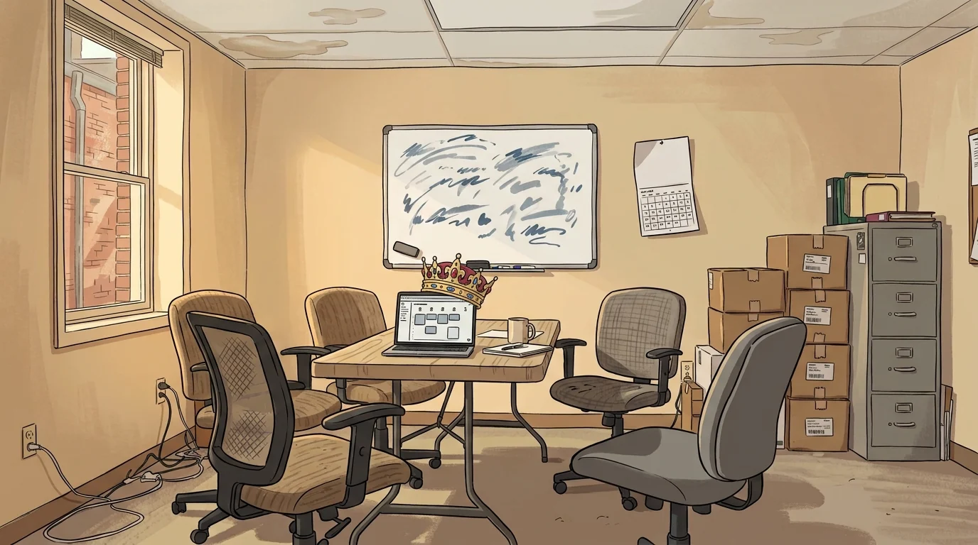 An illustration of an empty meeting room. Chairs are pushed back from a bare table where a laptop sits wearing a gold crown. The whiteboard behind it holds only unreadable scribble, and the room is otherwise given over to stacked boxes and a filing cabinet.